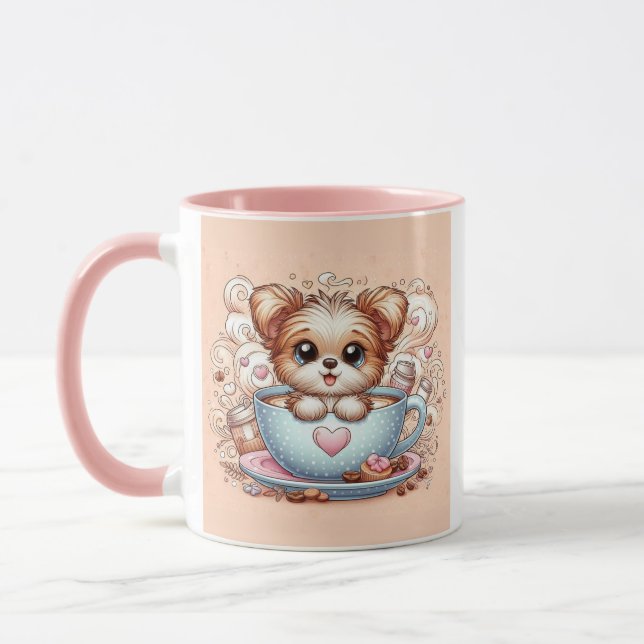 Cute Puppy in Coffee Cup with Hearts Mugg (Vänster)