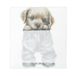 Cute Puppy in Jeans Art Monogram Anteckningsblock