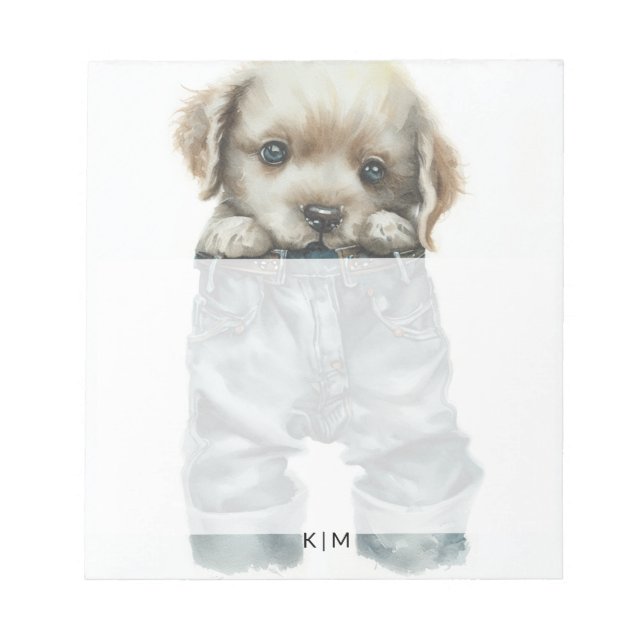 Cute Puppy in Jeans Art Monogram Anteckningsblock (Framsida)