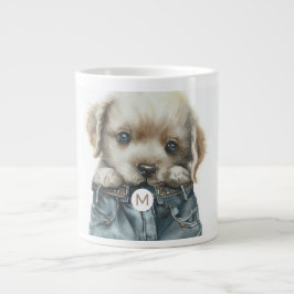 Cute Puppy in Jeans Art Monogram Jumbo Mugg