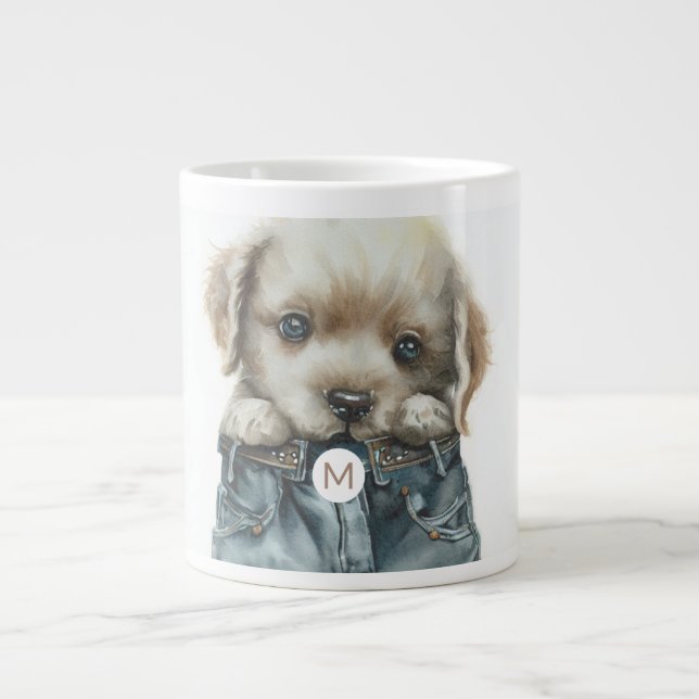 Cute Puppy in Jeans Art Monogram Jumbo Mugg (Framsidan)