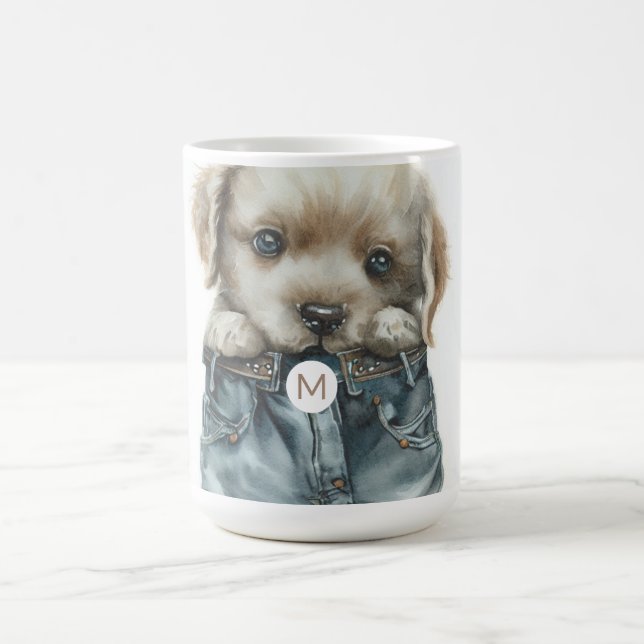 Cute Puppy in Jeans Art Monogram Kaffemugg (Center)