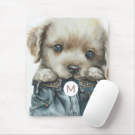Cute Puppy in Jeans Art Monogram Mousepad Musmatta
