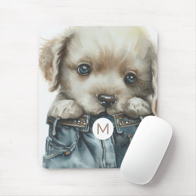 Cute Puppy in Jeans Art Monogram Mousepad Musmatta (Med mus)