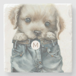 Cute Puppy in Jeans Art Monogram Stenunderlägg
