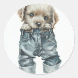 Cute Puppy in Jeans Art Runt Klistermärke