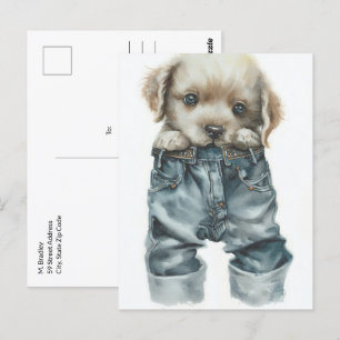 Cute Puppy in Jeans Art Vykort