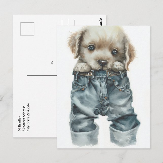 Cute Puppy in Jeans Art Vykort (Fram/baksida)