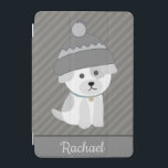 Cute Puppy in Wool Hat Personlig Grått Stripe iPad Mini Skydd<br><div class="desc">Vuxna valpar med en ullhatt på stripey grått-bakgrunden.</div>
