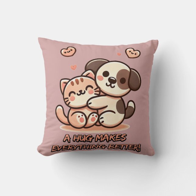 Cute Puppy & Kitten Hug - Adsible Kawaii Design Kudde (Framsida)