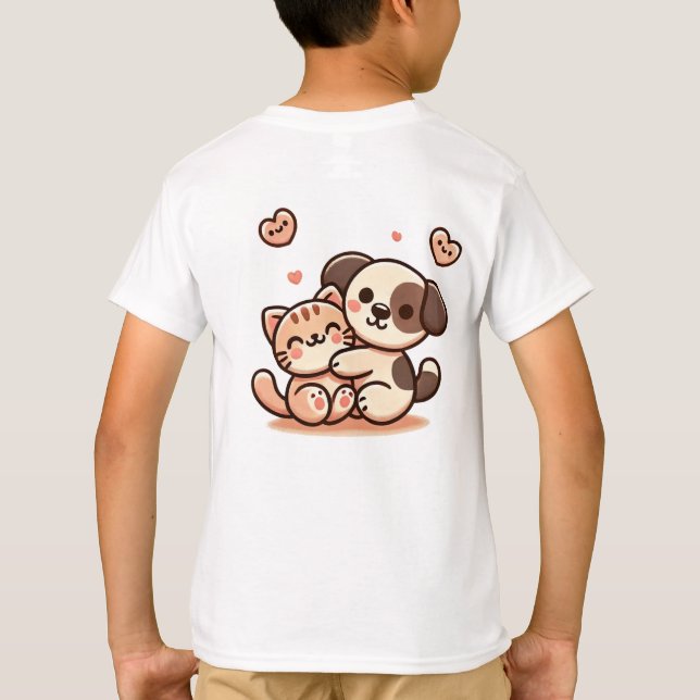 Cute Puppy & Kitten Hug - Adsible Kawaii Design T Shirt (Baksida)