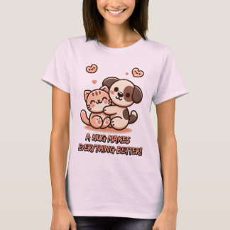 Cute Puppy & Kitten Hug - Adsible Kawaii Design T Shirt