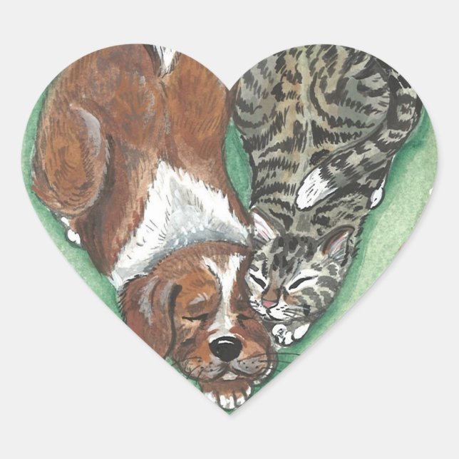 Cute Puppy Kitten Hund Cat Art Heart Design Hjärtformat Klistermärke (Framsida)