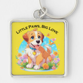 Cute Puppy Little Tassar Big Kärlek Fyrkantig Silverfärgad Nyckelring