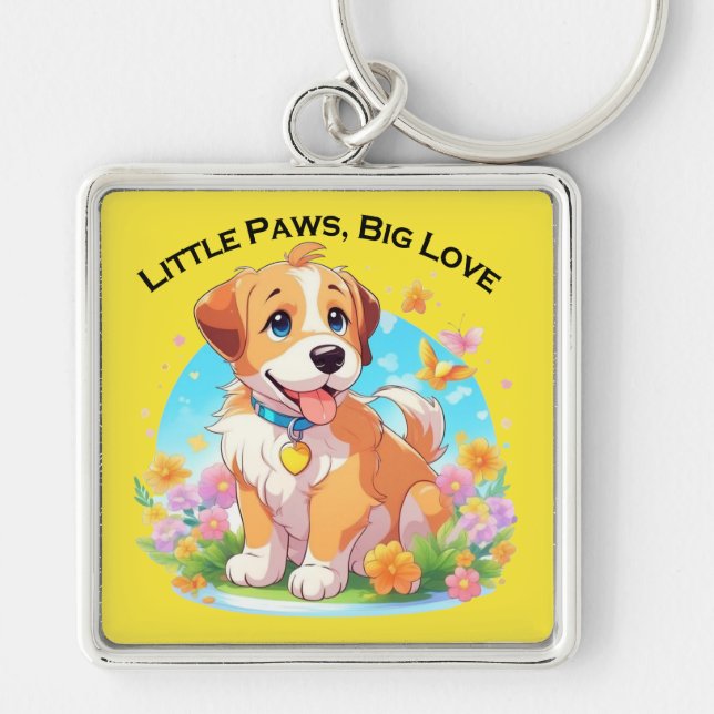 Cute Puppy Little Tassar Big Kärlek Fyrkantig Silverfärgad Nyckelring (Framsidan)
