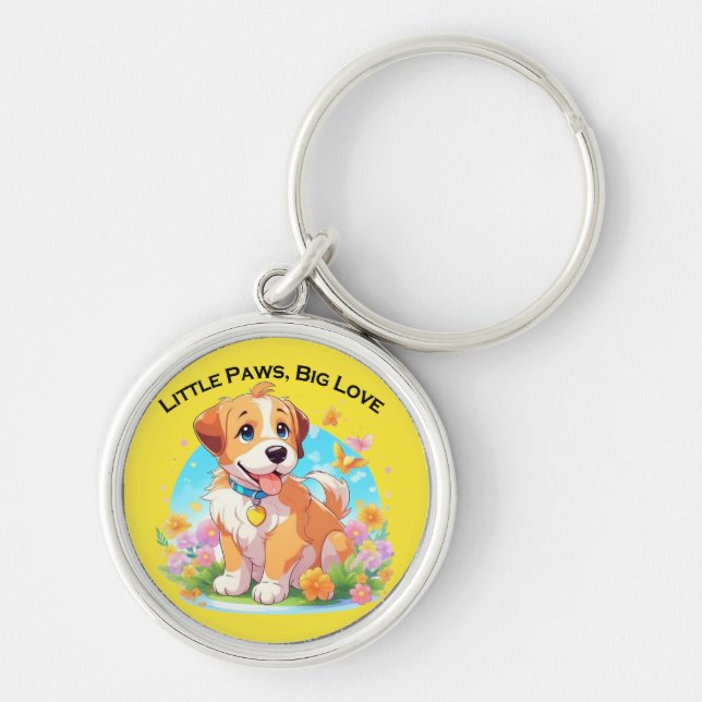 Cute Puppy Little Tassar Big Kärlek Rund Silverfärgad Nyckelring (Framsidan)