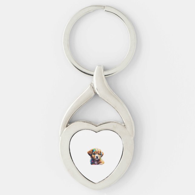 Cute Puppy Made Liquid Färg Twisted Heart Silverfärgad Nyckelring (Framsidan)