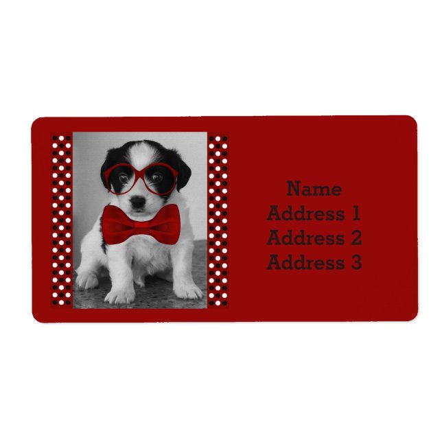 Cute Puppy med adressetikett Red Bow and Glasses Fraktsedel (Framsidan)