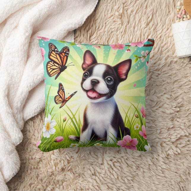 Cute Puppy med Blommar och fjärilar Kudde (Filt)