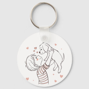 Cute Puppy med Lycklig Kid Tecknad Nyckelring