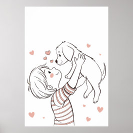 Cute Puppy med Lycklig Kid Tecknad Poster