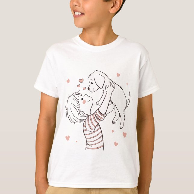 Cute Puppy med Lycklig Kid Tecknad T Shirt (Framsida)