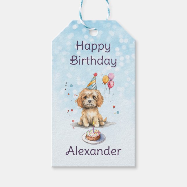 Cute Puppy med Party Hat Birthday Presentetikett (Framsidan)