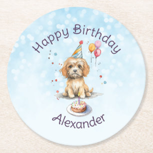 Cute Puppy med Party Hat Birthday Underlägg Papper Rund