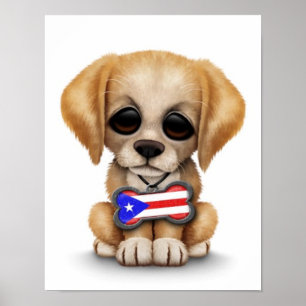 Cute Puppy med Puerto Rican Flagga Hund Märkre, vi Poster
