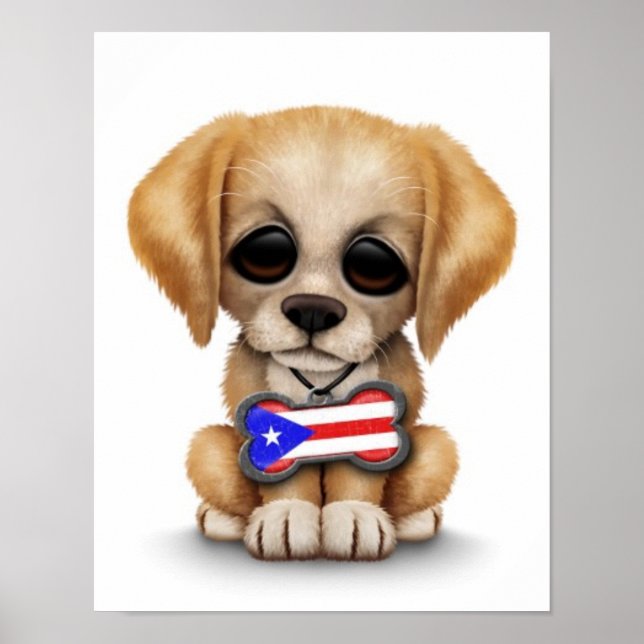 Cute Puppy med Puerto Rican Flagga Hund Märkre, vi Poster (Framsidan)