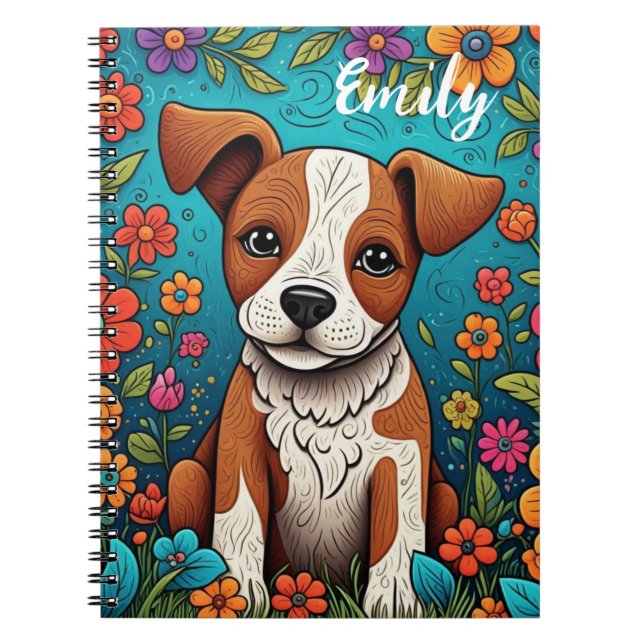 Cute Puppy med Whimsical Folk Art Flowers Anteckningsbok (Framsidan)