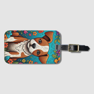 Cute Puppy med Whimsical Folk Art Flowers Bagagebricka