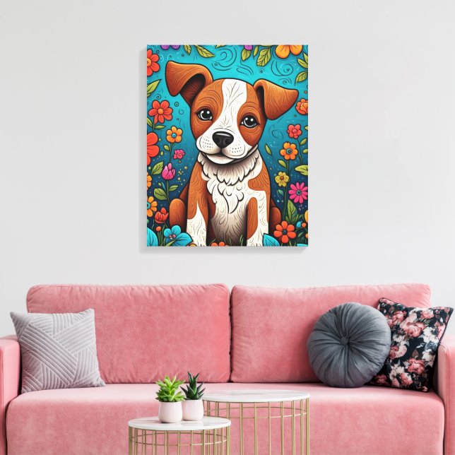 Cute Puppy med Whimsical Folk Art Flowers Canvastryck (Insitu (Vardagsrum))