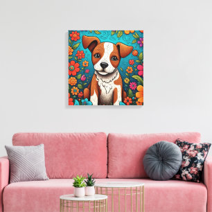 Cute Puppy med Whimsical Folk Art Flowers Canvastryck