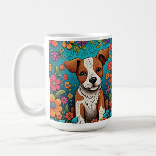 Cute Puppy med Whimsical Folk Art Flowers Kaffemugg