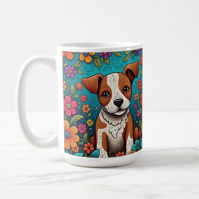 Cute Puppy med Whimsical Folk Art Flowers Kaffemugg (Vänster)