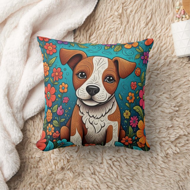 Cute Puppy med Whimsical Folk Art Flowers Kudde (Filt)
