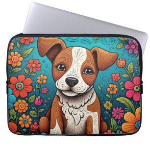 Cute Puppy med Whimsical Folk Art Flowers Laptop Fodral