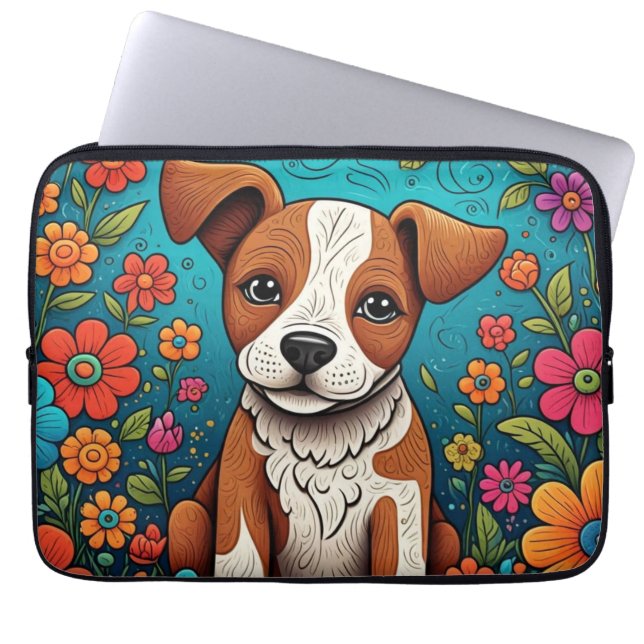 Cute Puppy med Whimsical Folk Art Flowers Laptop Fodral (Framsidan)