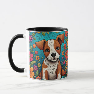 Cute Puppy med Whimsical Folk Art Flowers Mugg