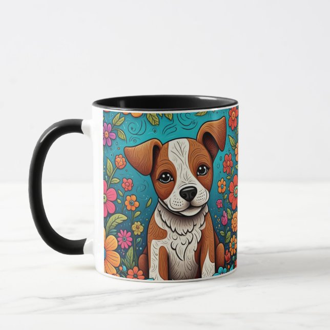 Cute Puppy med Whimsical Folk Art Flowers Mugg (Vänster)