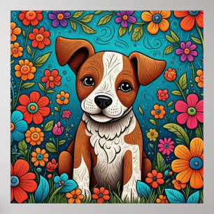 Cute Puppy med Whimsical Folk Art Flowers Poster