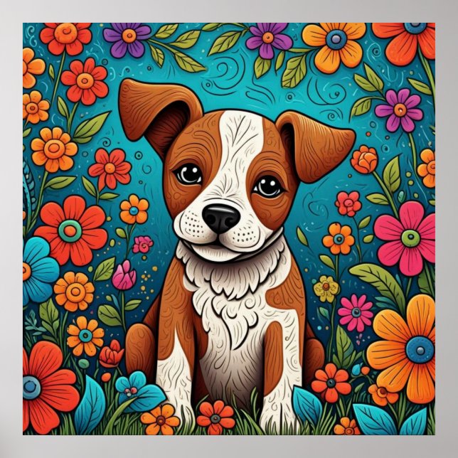Cute Puppy med Whimsical Folk Art Flowers Poster (Framsidan)