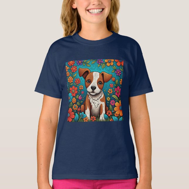 Cute Puppy med Whimsical Folk Art Flowers T Shirt (Framsida)