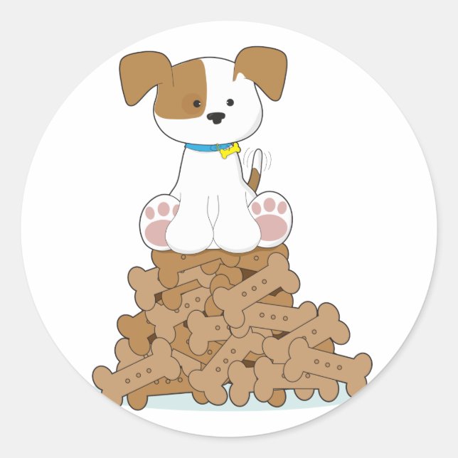 Cute Puppy och Bones Runt Klistermärke (Framsida)