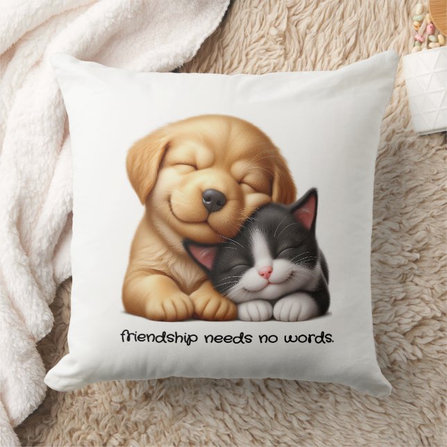 Cute Puppy och Kitten Cuddling Best Friends Kudde (Filt)