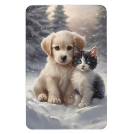 Cute Puppy och Kitten i kylskåp i Snö Magnet