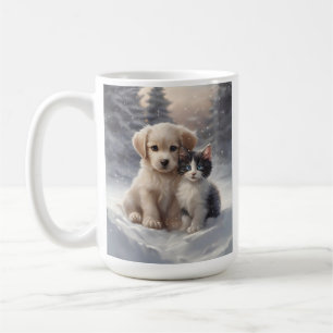 Cute Puppy och Kitten i Snö Kaffemugg