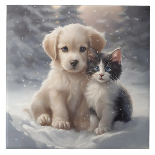 Cute Puppy och Kitten i Snö Porträtt Pose Kakelplatta