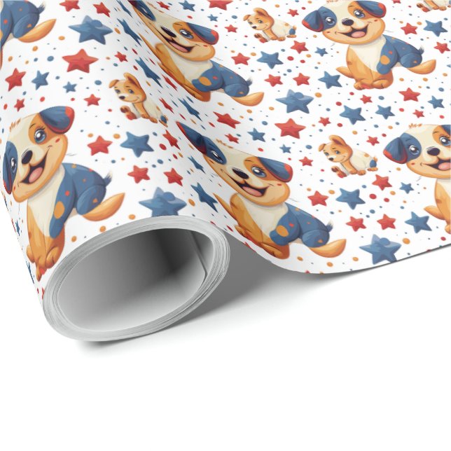 Cute Puppy Patriotic Fjärde juli - gift Wrap Presentpapper (Rullad Hörn)